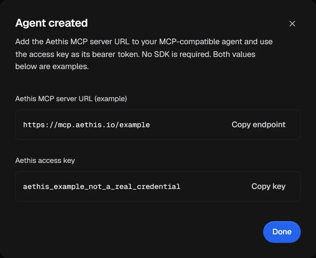 The Agent created dialog with the Aethis MCP server URL and Aethis access key.