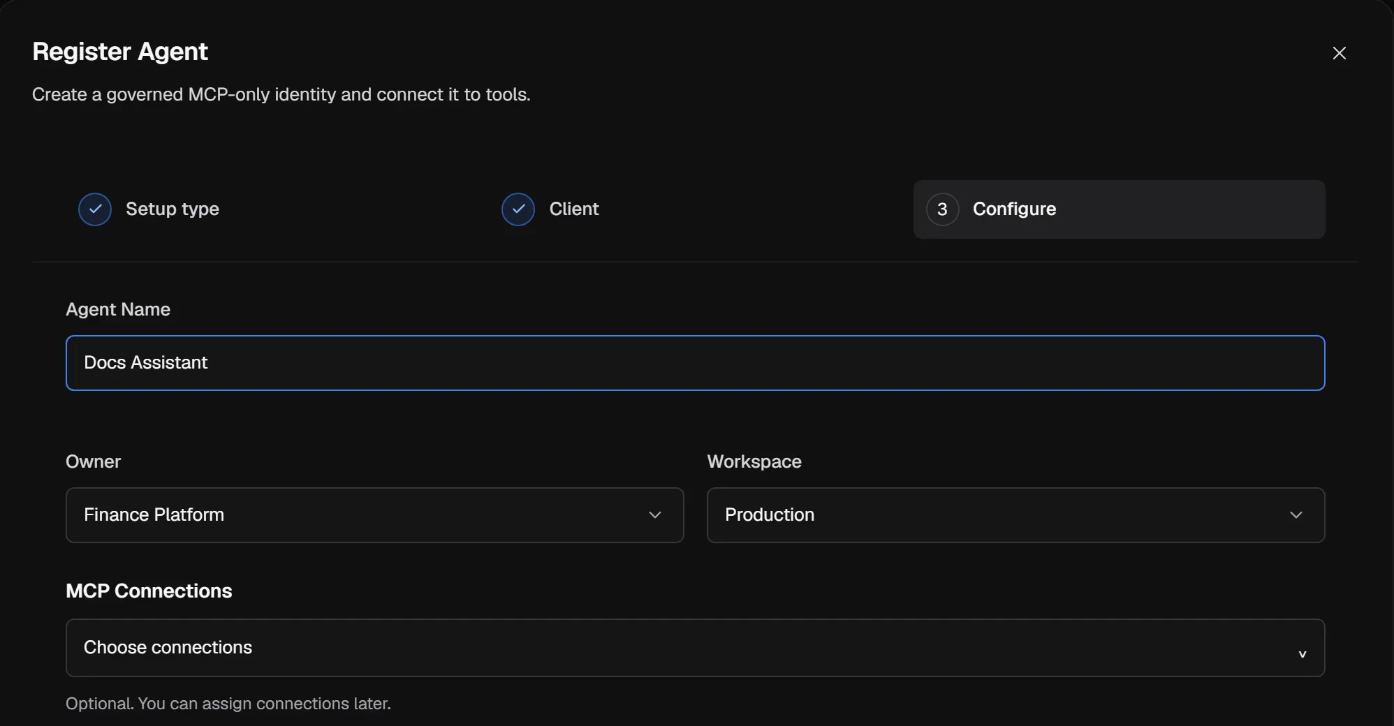 Register Agent, step 3 Configure: Agent Name, Owner, Workspace and an optional MCP Connections picker.