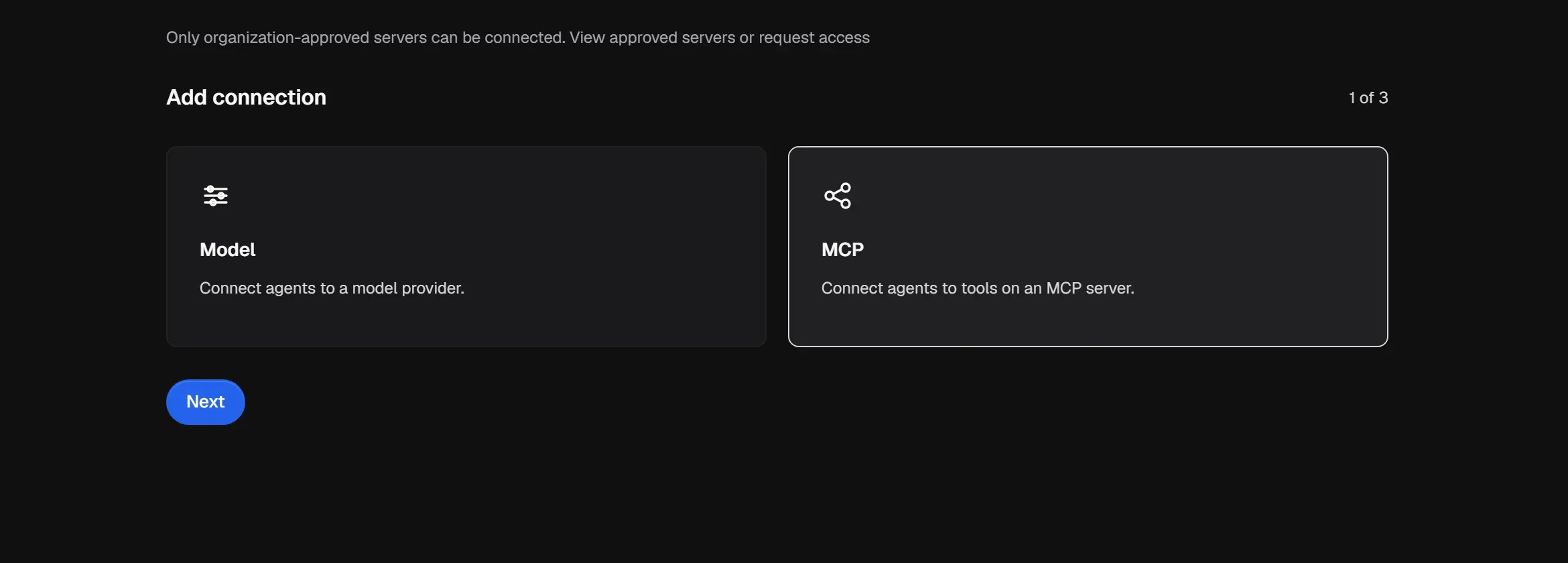 Add connection, step 1 of 3: choose Model or MCP.
