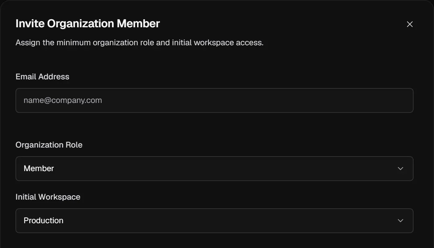 Invite Organization Member: email address, organization role and initial workspace.