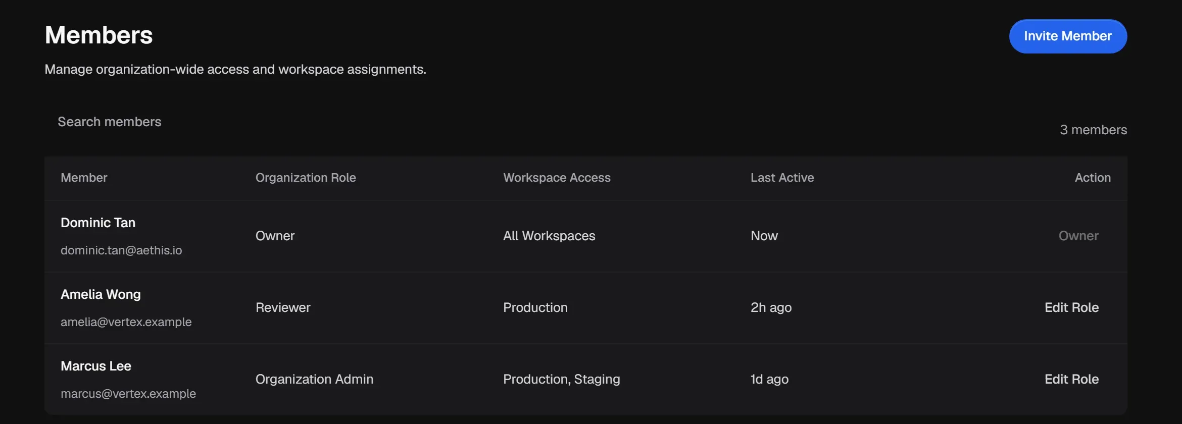 Organization Members: three members with their organization role, workspace access and last active time.